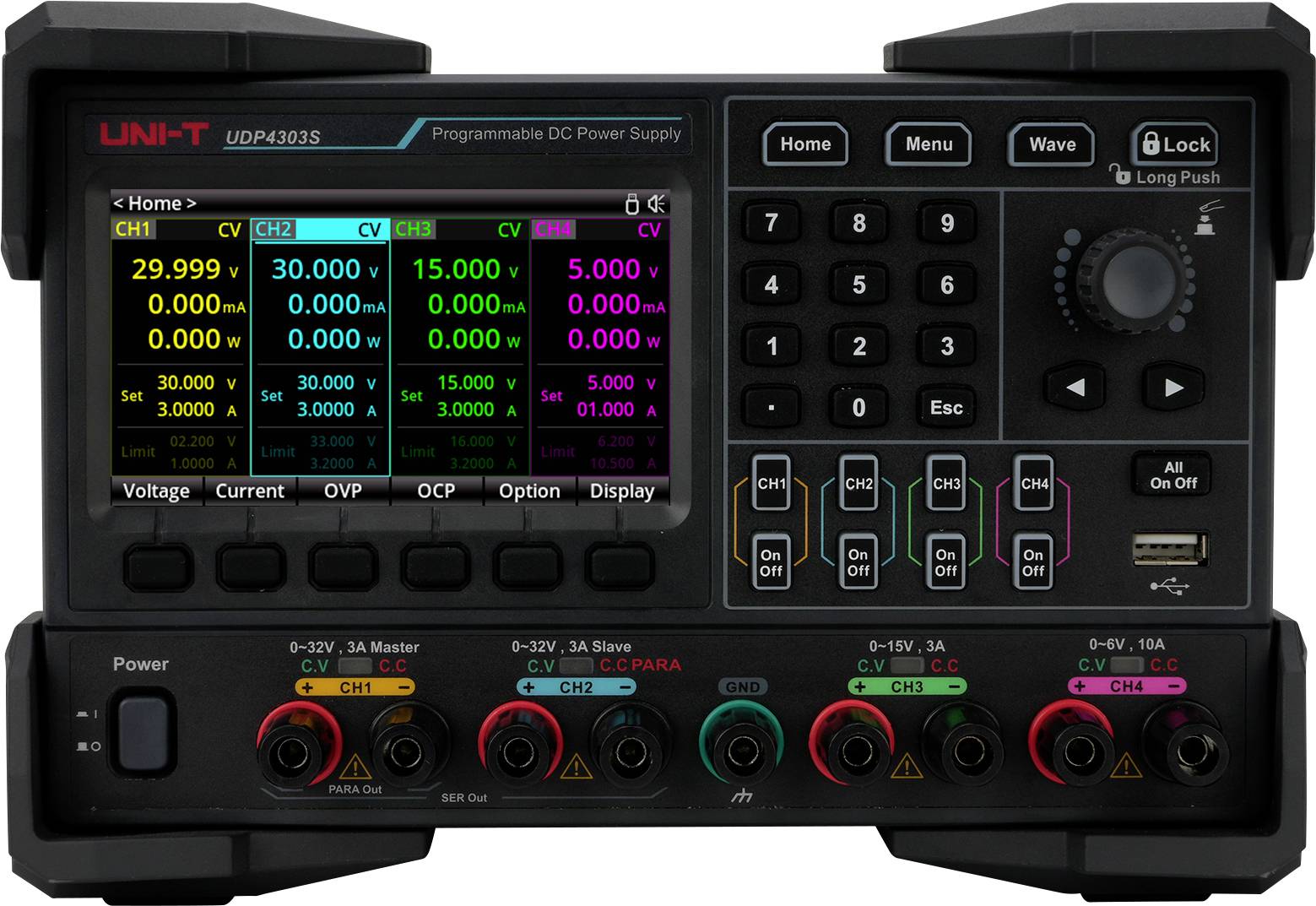 Un alimentatore DC programmabile digitale con un display che mostra le impostazioni di tensione e corrente per quattro canali, ciascuno con indicazioni di 'CV' e 'CC'. Sono visibili pulsanti per la navigazione dei menu e il controllo dell'alimentazione.