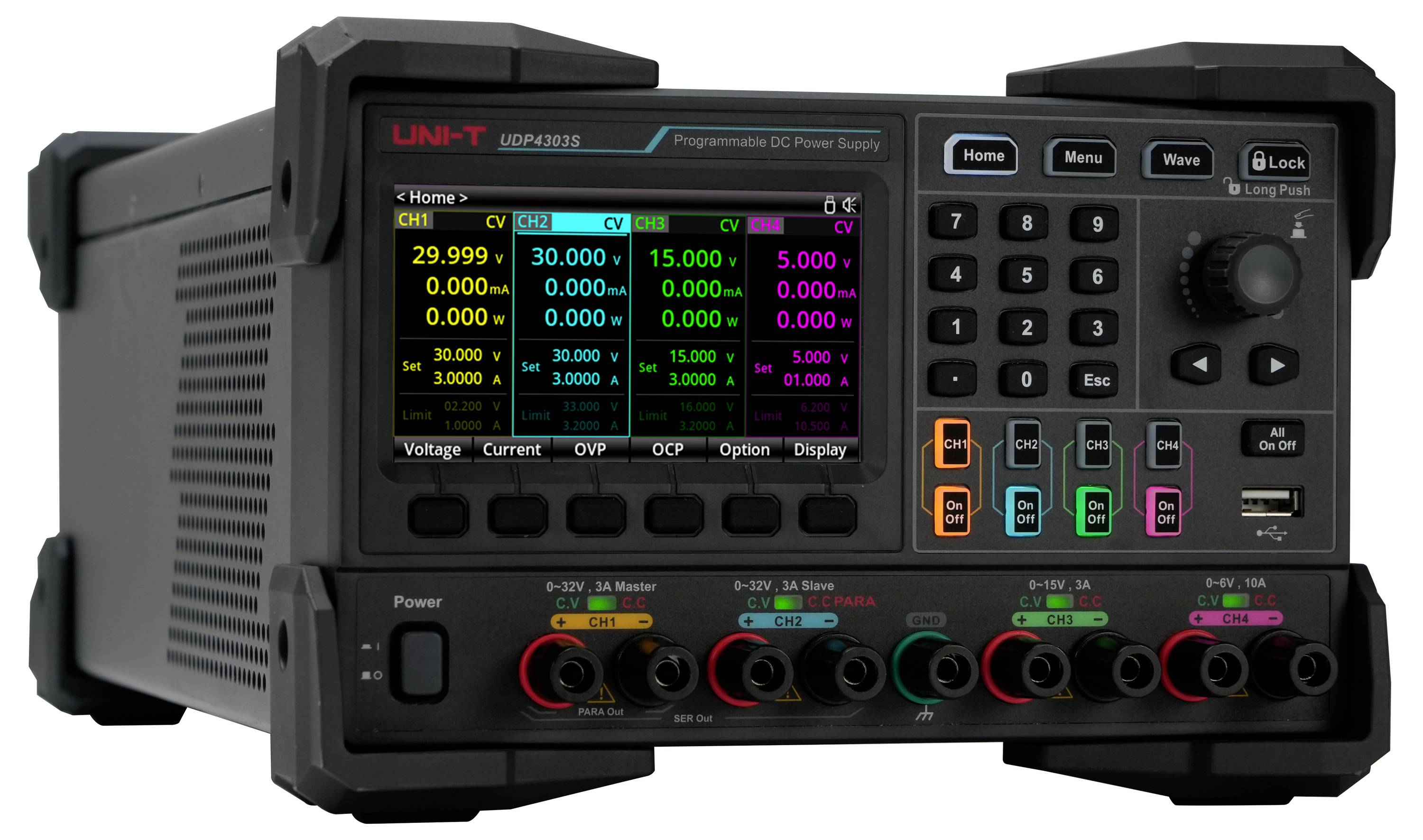 Un alimentatore DC programmabile da banco con display digitale che mostra le impostazioni di tensione e corrente per più canali.