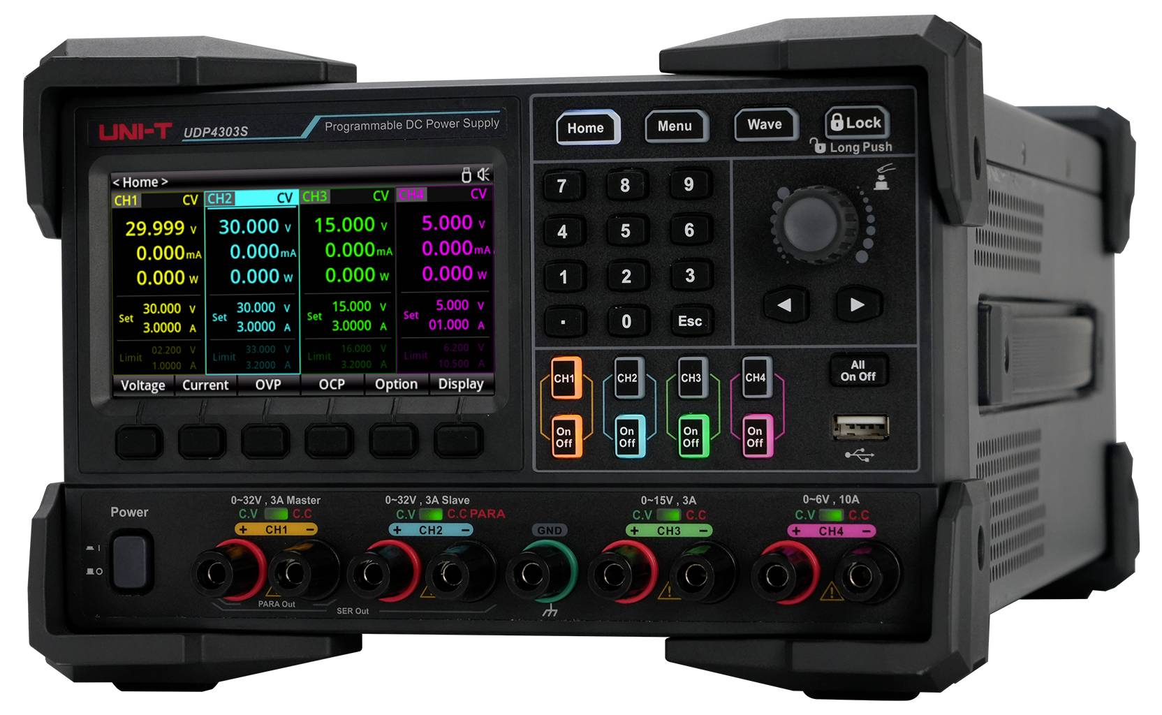 'Un alimentatore DC programmabile con display digitale che mostra letture di tensione e corrente per più canali.'