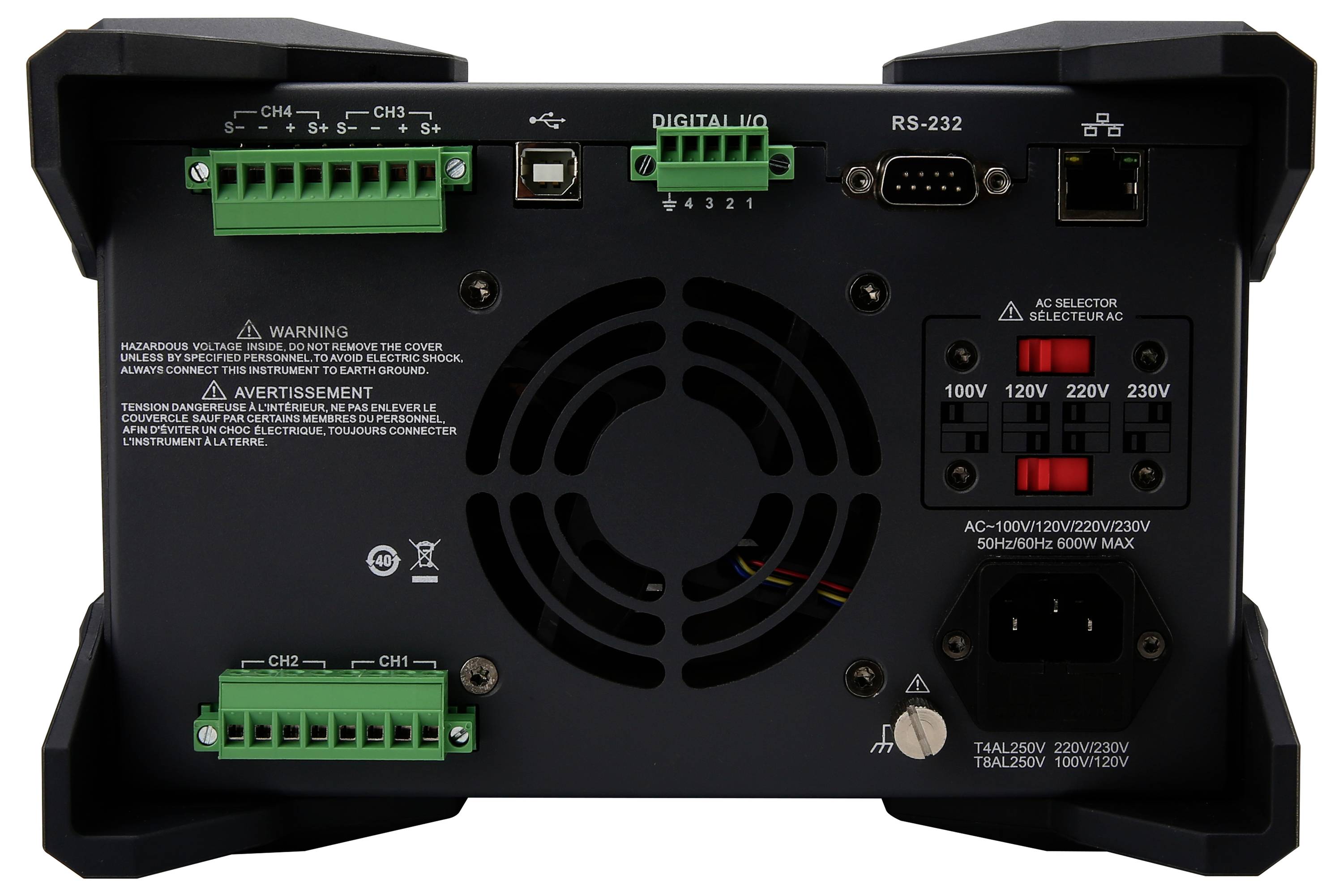 Vista posteriore di un dispositivo elettrico con porte di input/output, selettori di voltaggio (110V-230V) e canali etichettati (CH1, CH2).