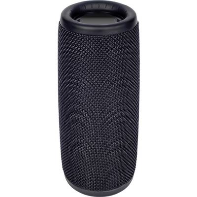 Un altoparlante portatile nero a forma di cilindro con superficie in rete testurizzata ed estremità in gomma, progettato per la riproduzione audio wireless.