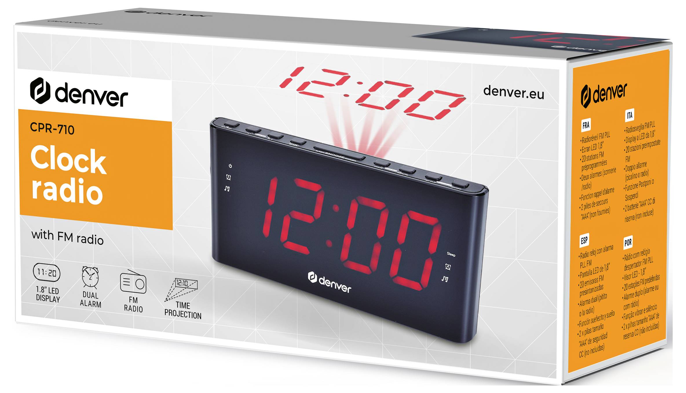Confezione per l'orologio radio Denver CPR-710 con FM, dotato di display LED da 1,2", doppia sveglia, radio FM e proiezione dell'ora.