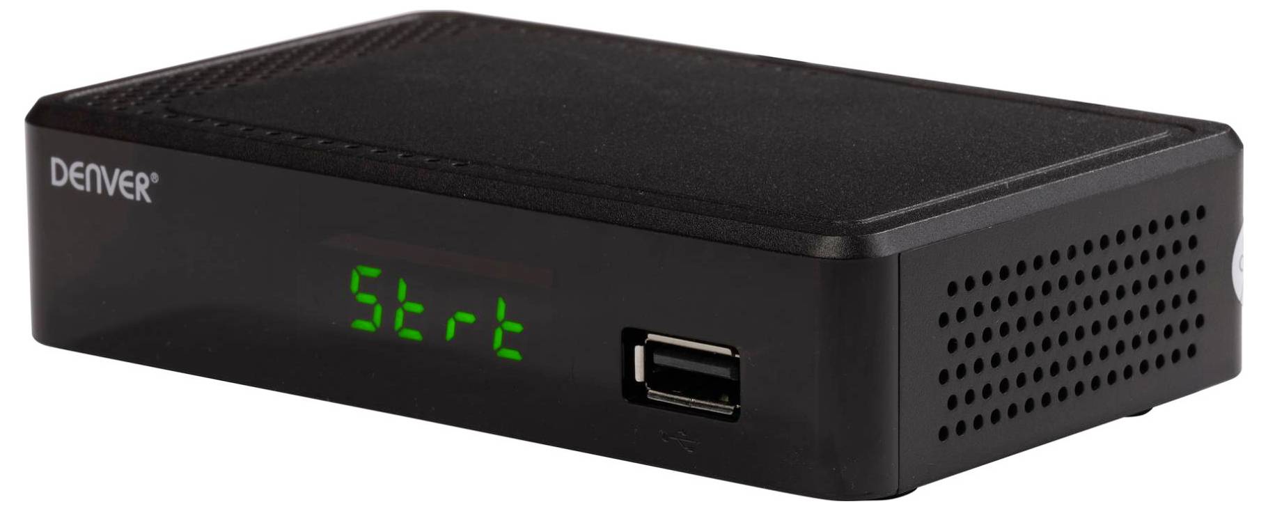Un dispositivo elettronico nero con un display digitale che mostra 'Strt' e una porta USB sulla parte anteriore.