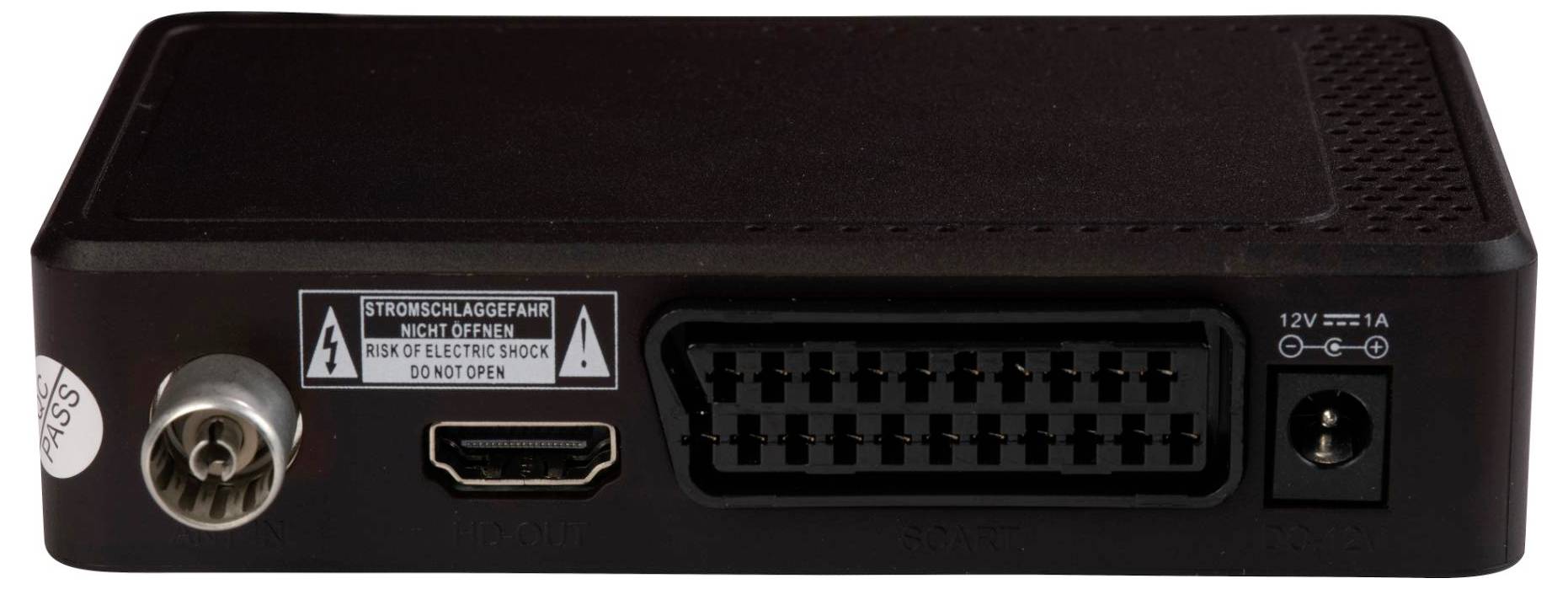 Un dispositivo elettronico nero con porte SCART, HDMI e coassiali, etichettato 'RISCHIO DI SCOSSE ELETTRICHE, NON APRIRE'.