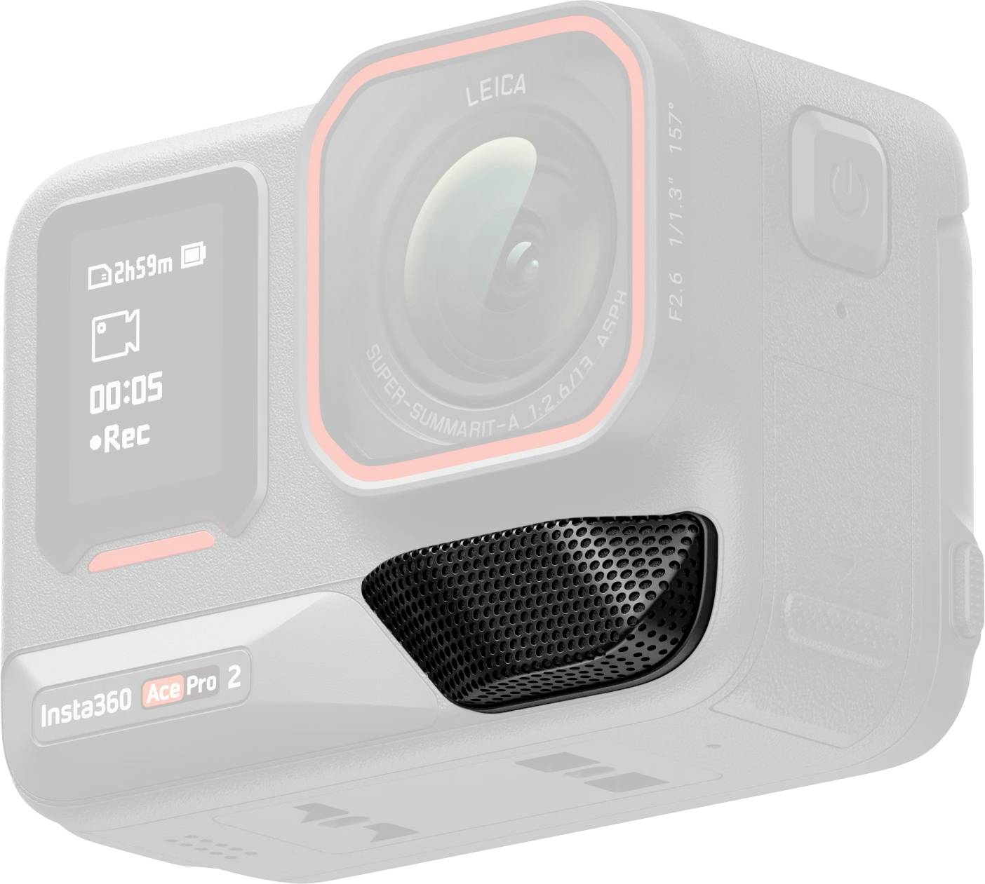 Una fotocamera digitale con un obiettivo etichettato 'LEICA' e il marchio 'Insta360 Ace Pro 2', con un display che mostra lo stato di registrazione e la durata della batteria.
