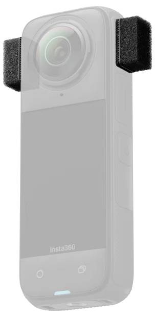 Una telecamera a 360 gradi con un obiettivo grandangolare e un display rettangolare, con coperture in schiuma su entrambi i lati, probabilmente per la protezione.