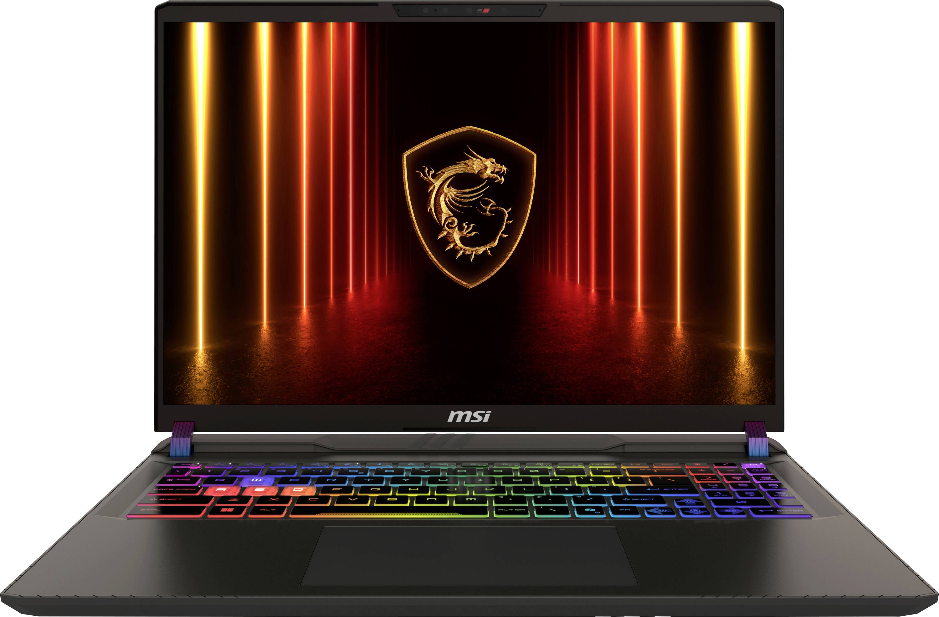 Un laptop con una tastiera retroilluminata colorata che mostra un logo di un drago luminoso sullo schermo, circondato da luci verticali arancioni.