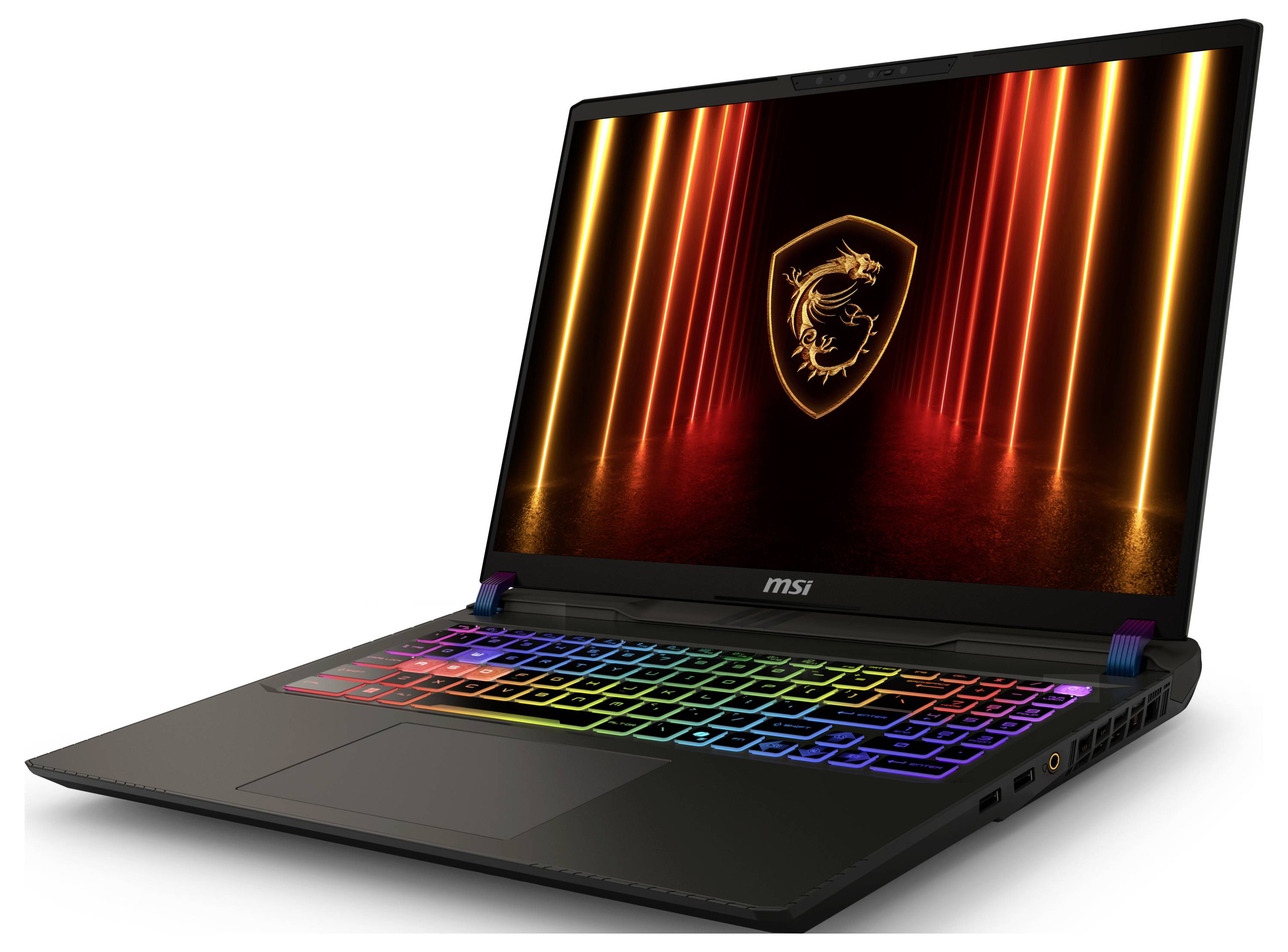 Un laptop con una tastiera colorata e illuminata e uno schermo vivace che mostra un logo con linee al neon arancione e giallo sullo sfondo.