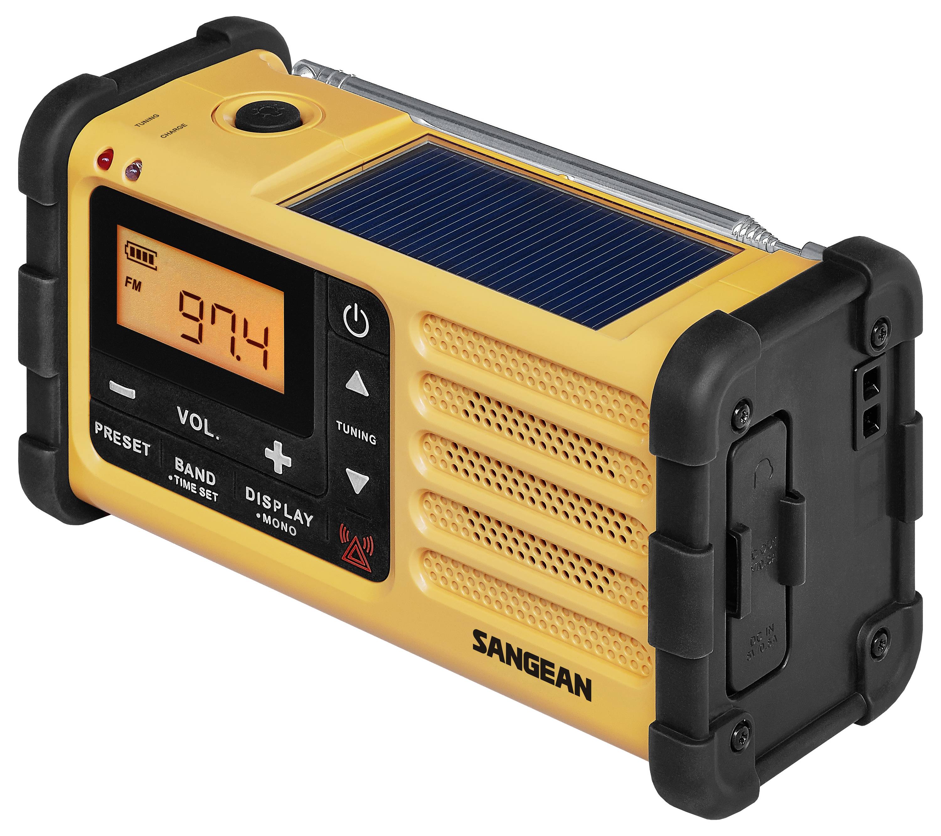 Una radio portatile gialla e nera con un pannello solare, che mostra la frequenza FM 97,4 MHz sullo schermo.