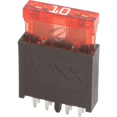 Un fusibile lamellare automotive MAXX di colore rosso contrassegnato con '10' in testo bianco, che indica una portata di 10 ampere, utilizzato per circuiti elettrici.