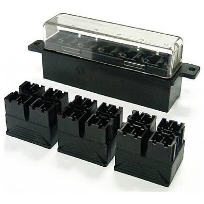 Un portafusibili nero in plastica con coperchio trasparente che mostra numeri da 1 a 6, affiancato da tre connettori neri compatibili.