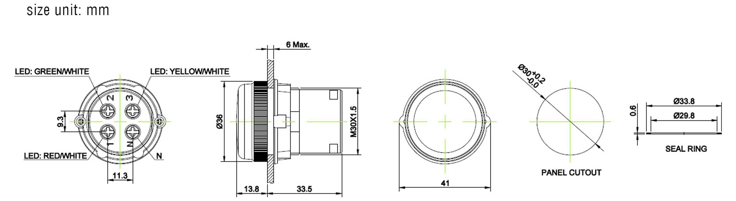 'Disegno tecnico di un connettore. Mostra le dimensioni: diametro 23,3 mm, profondità 38,5 mm. Include le dimensioni del foro nel pannello e i dettagli dell'anello di tenuta.'