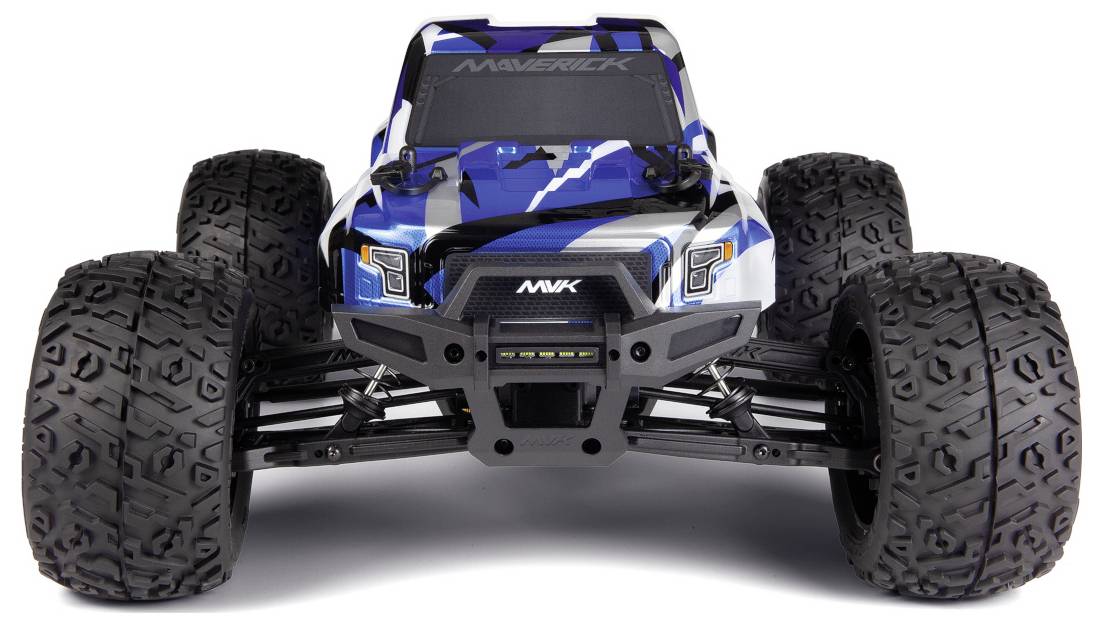 Macchina telecomandata in un design blu e nero, vista frontalmente. Presenta pneumatici grandi e testurizzati e una sospensione robusta.