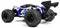 Un'auto radiocomandata blu e nera con pneumatici fuoristrada di grandi dimensioni e uno spoiler posteriore, ripresa da un'angolazione bassa che evidenzia il suo design robusto.