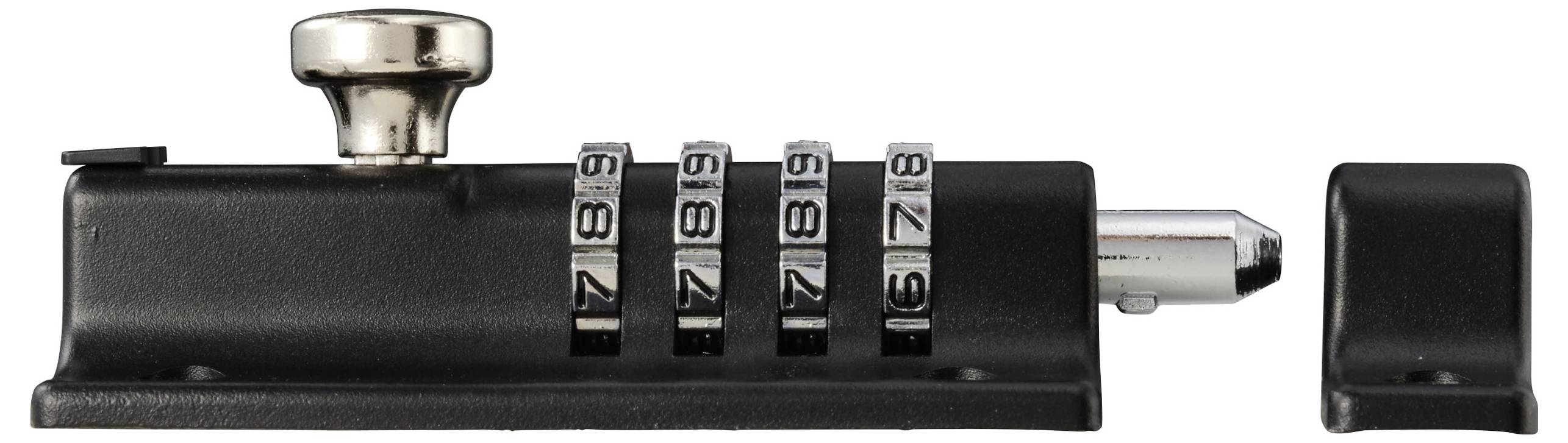 Un lucchetto a combinazione nero con quattro quadranti rotanti numerati da 0 a 9, impostato su '1-8-7-9', con un meccanismo di chiusura metallico sul lato destro.