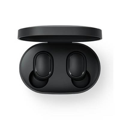 Auricolari wireless neri in un case di ricarica aperto, visti dall'alto.