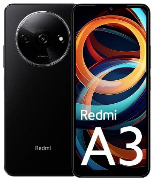 Vista frontale e posteriore di uno smartphone nero. La parte anteriore mostra motivi circolari colorati con il testo 'Redmi A3.'
