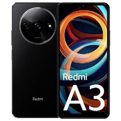 Vista frontale e posteriore di uno smartphone nero. La parte anteriore mostra motivi circolari colorati con il testo 'Redmi A3.'