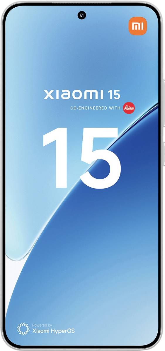 L'immagine mostra uno smartphone Xiaomi 15 con la scritta "Co-progettato con Leica" sotto il nome del marchio. Sullo sfondo si trova un'immagine astratta blu.
