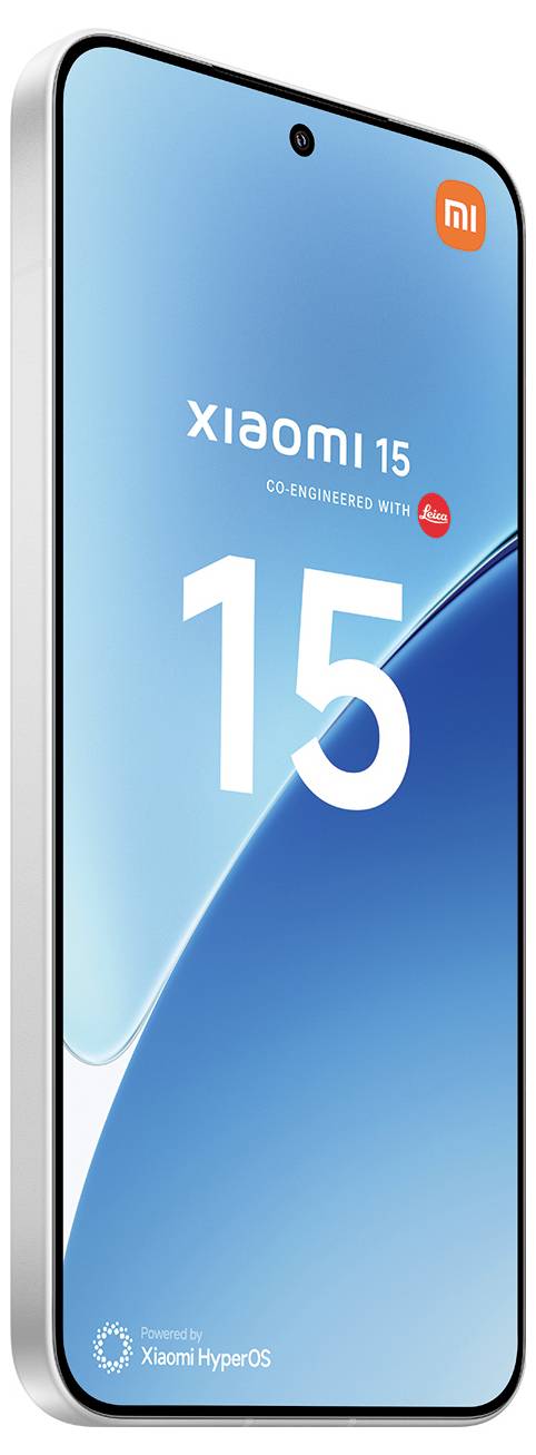 Display di smartphone che mostra il testo 'Xiaomi 15', co-progettato con Leica, alimentato da Xiaomi HyperOS, su sfondo blu.