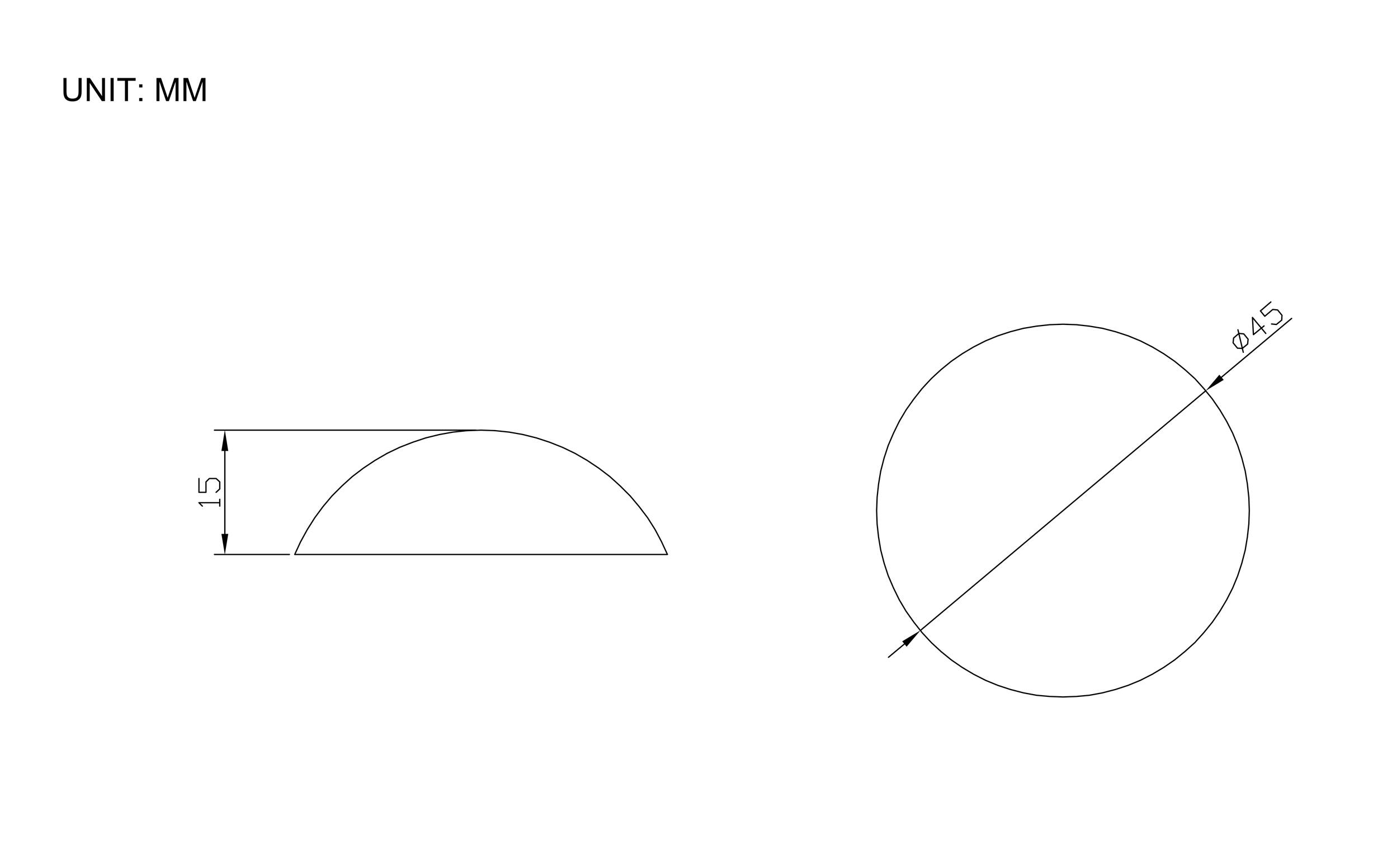 Un disegno tecnico mostra una forma semicircolare con un diametro di 45 mm e un'altezza di 15 mm, insieme a un cerchio completo.