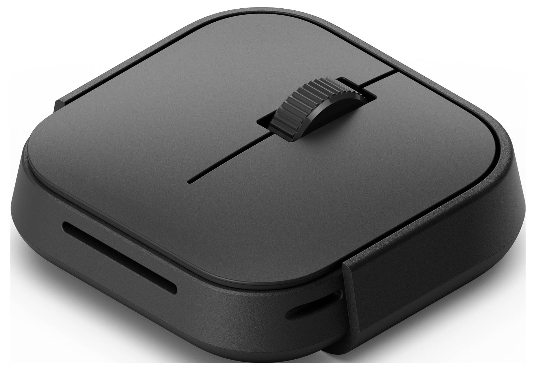 Un dispositivo elettronico nero e sottile con un quadrante centrale, probabilmente un dispositivo per la smart home o un hub di rete, caratterizzato da un design minimalista.