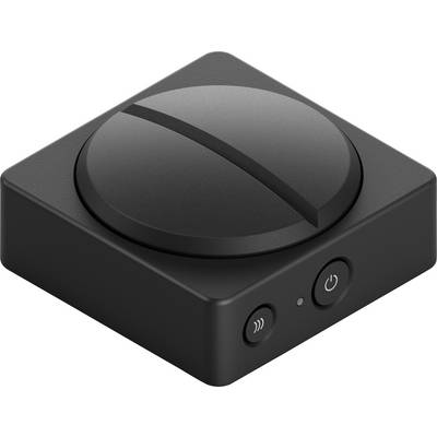 Un dispositivo telecomando squadrato e elegante di colore nero, con due pulsanti: uno per l'accensione e un altro per la connettività.