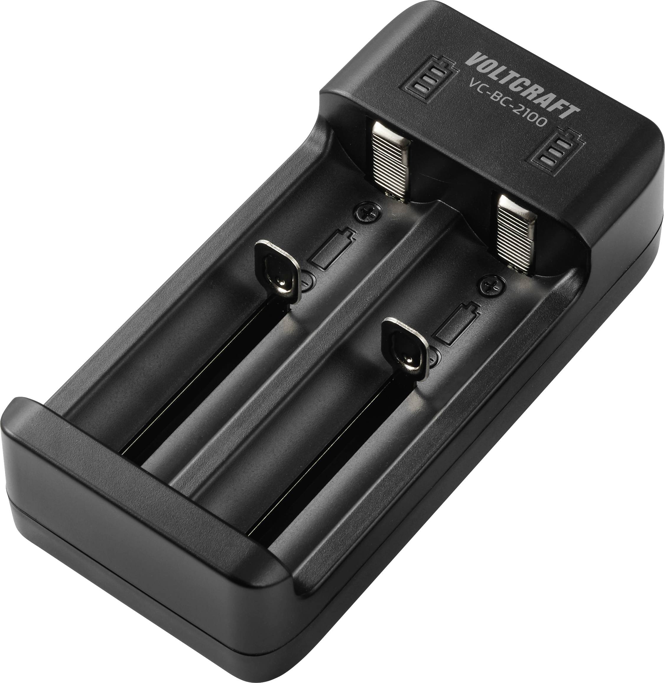 Un caricabatterie nero a doppio slot etichettato "VOLTCRAFT VC-BC-2100" è mostrato, progettato per caricare batterie ricaricabili AA o AAA.