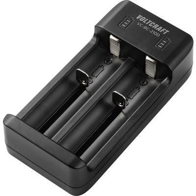 Un caricabatterie nero a doppio slot etichettato "VOLTCRAFT VC-BC-2100" è mostrato, progettato per caricare batterie ricaricabili AA o AAA.