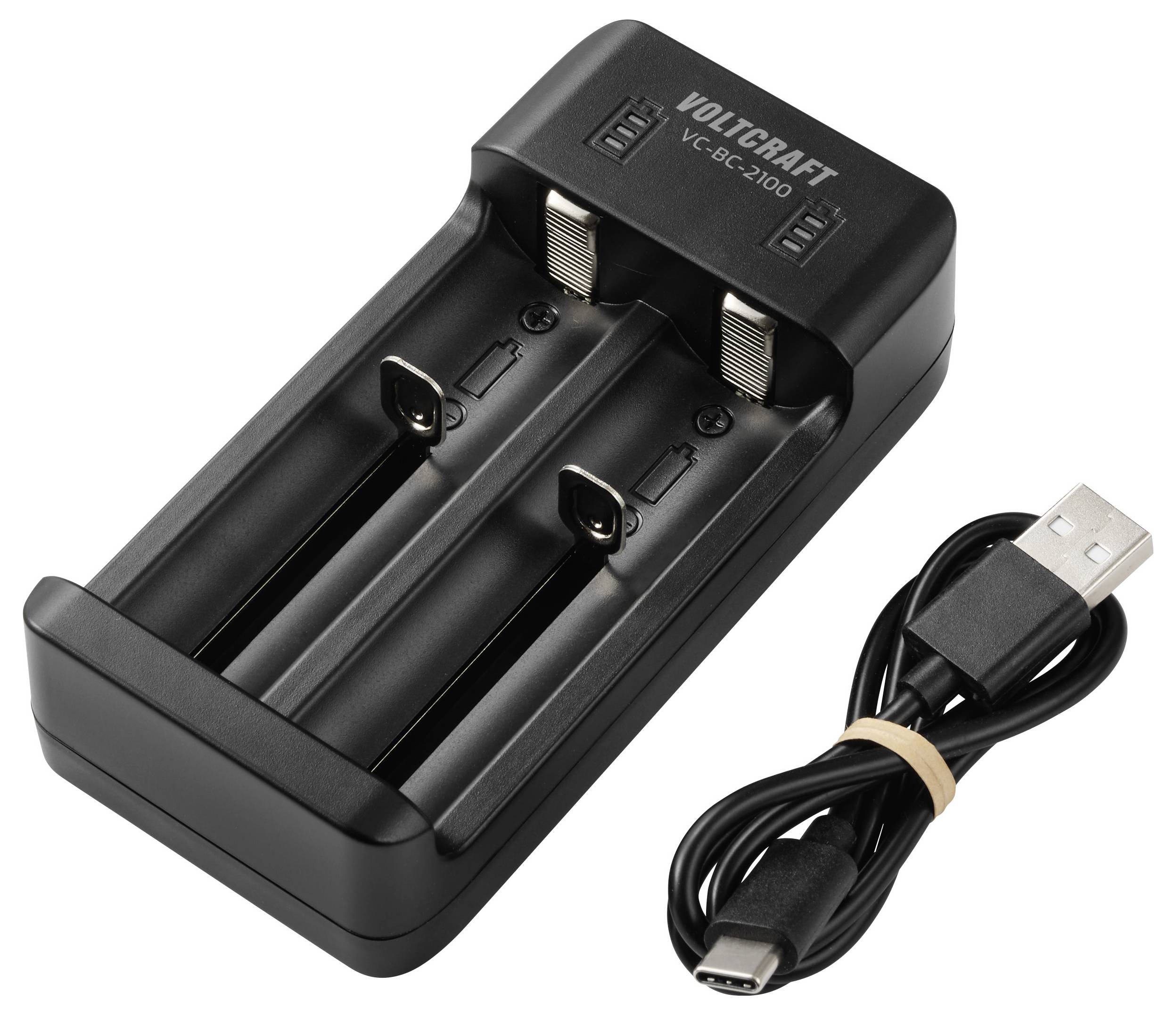 Un caricabatterie nero dual-slot con il testo 'VOLTCRAFT VC-BC100', accompagnato da un cavo USB-C.