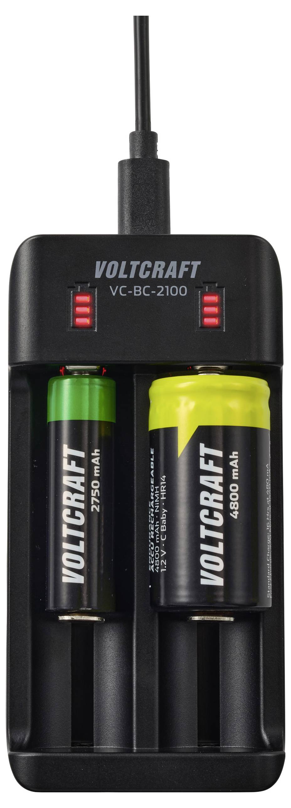 Un caricabatterie con due batterie ricaricabili inserite; quella a sinistra è da 2750 mAh e quella a destra è da 4600 mAh. Sono visibili spie luminose rosse.