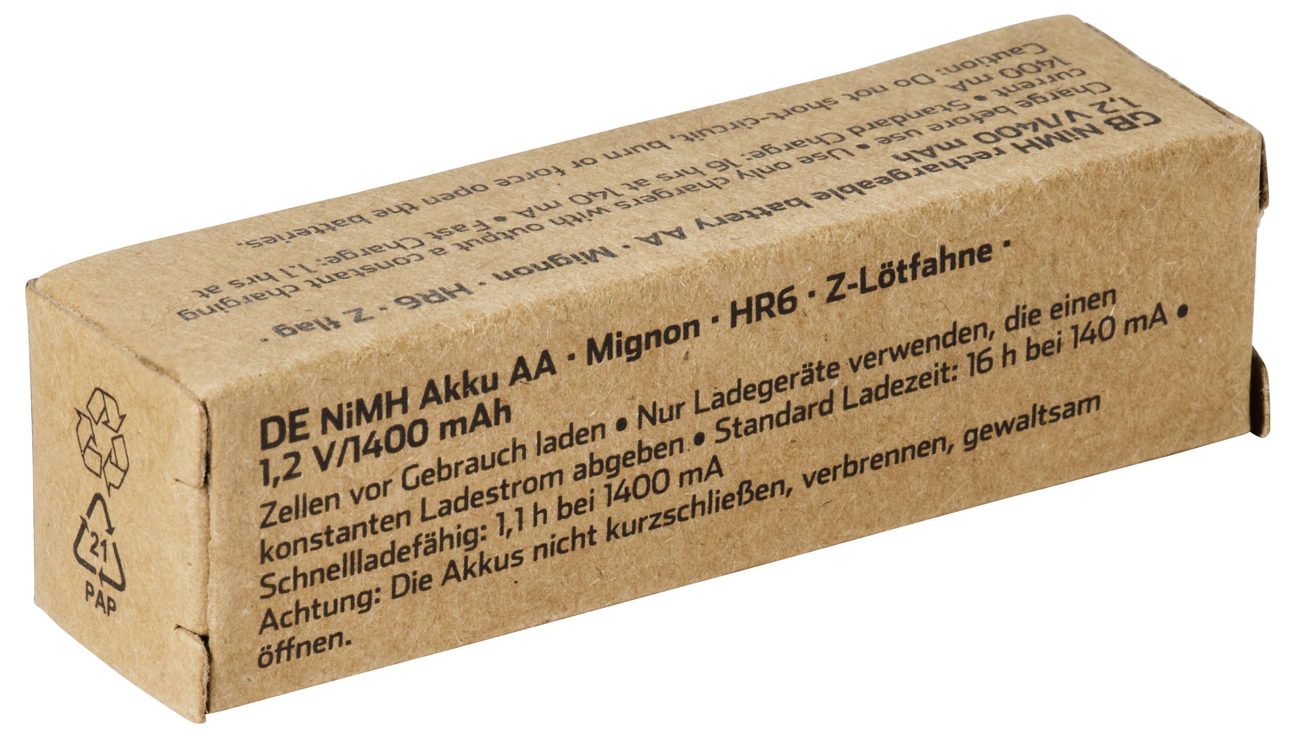 Pacco batteria in cartone etichettato 'DE NiMH Akku AA - Mignon - HR6 - Z-Lötfahne' e '1,2 V/400 mAh' con testo di avvertimento in tedesco.