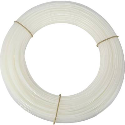 Un fascio arrotolato di tubo di plastica trasparente fissato con due elastici, dall'aspetto uniforme e ordinatamente disposto.