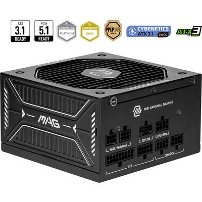 Unità di alimentazione etichettata 'MAG MSI Arsenal Gaming' con molteplici connettori. Supporta ATX 3.1, PCIe 5.1 e varie certificazioni Cybenetics.