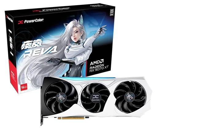 Scheda grafica PowerColor AMD Radeon RX 6700 XT con tre ventole di raffreddamento, accanto alla sua confezione che mostra artwork in stile anime.