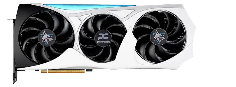 Una scheda grafica bianca e nera con tre ventole di raffreddamento, con il logo PowerColor sul ventilatore centrale, progettata per il gaming ad alte prestazioni.