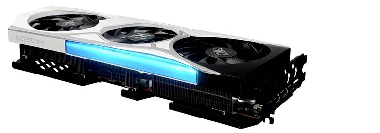 Una scheda grafica dotata di due ventole e un design elegante con una striscia LED blu, su uno sfondo bianco.