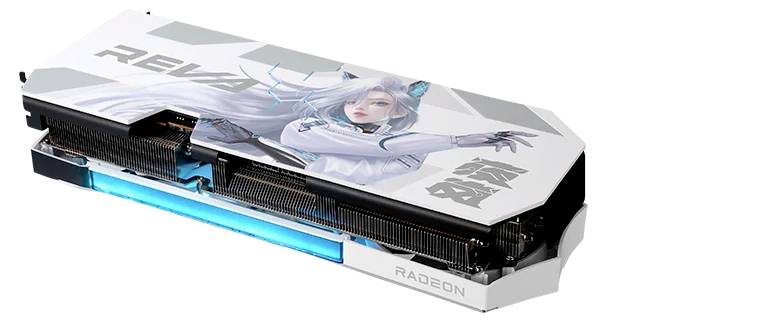 Una scheda grafica con artwork di anime sulla sua superficie, con un design etichettato 'Radeon' e illuminata con luce blu.