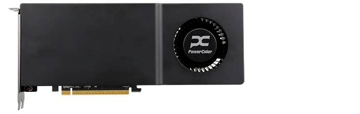 Una scheda grafica PowerColor nera con un ventilatore sul lato destro, che mostra un connettore PCIe in basso a sinistra.