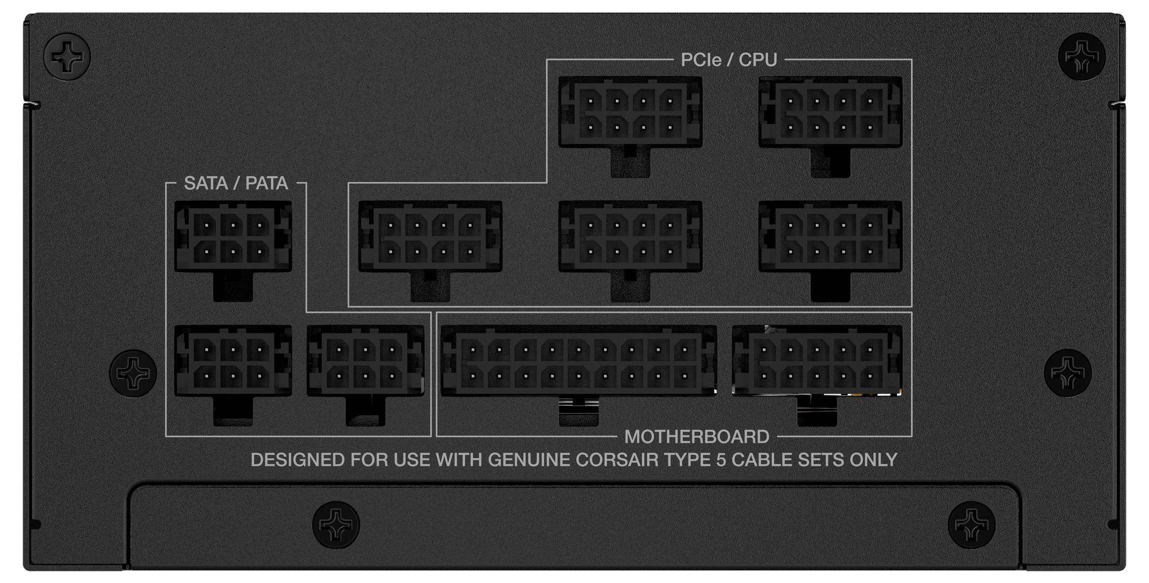 Retro di un'unità di alimentazione che mostra varie porte di uscita etichettate: 'PCIe/CPU', 'SATA/PATA', 'Scheda madre', con istruzioni di connessione.