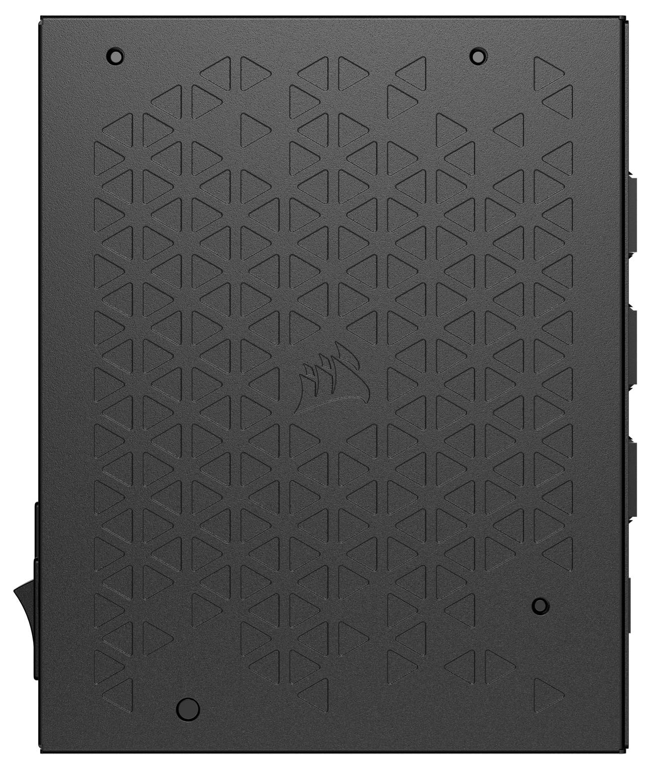 'Custodia rigida per hard drive con texture nera, con un motivo geometrico a triangoli e un logo al centro.'