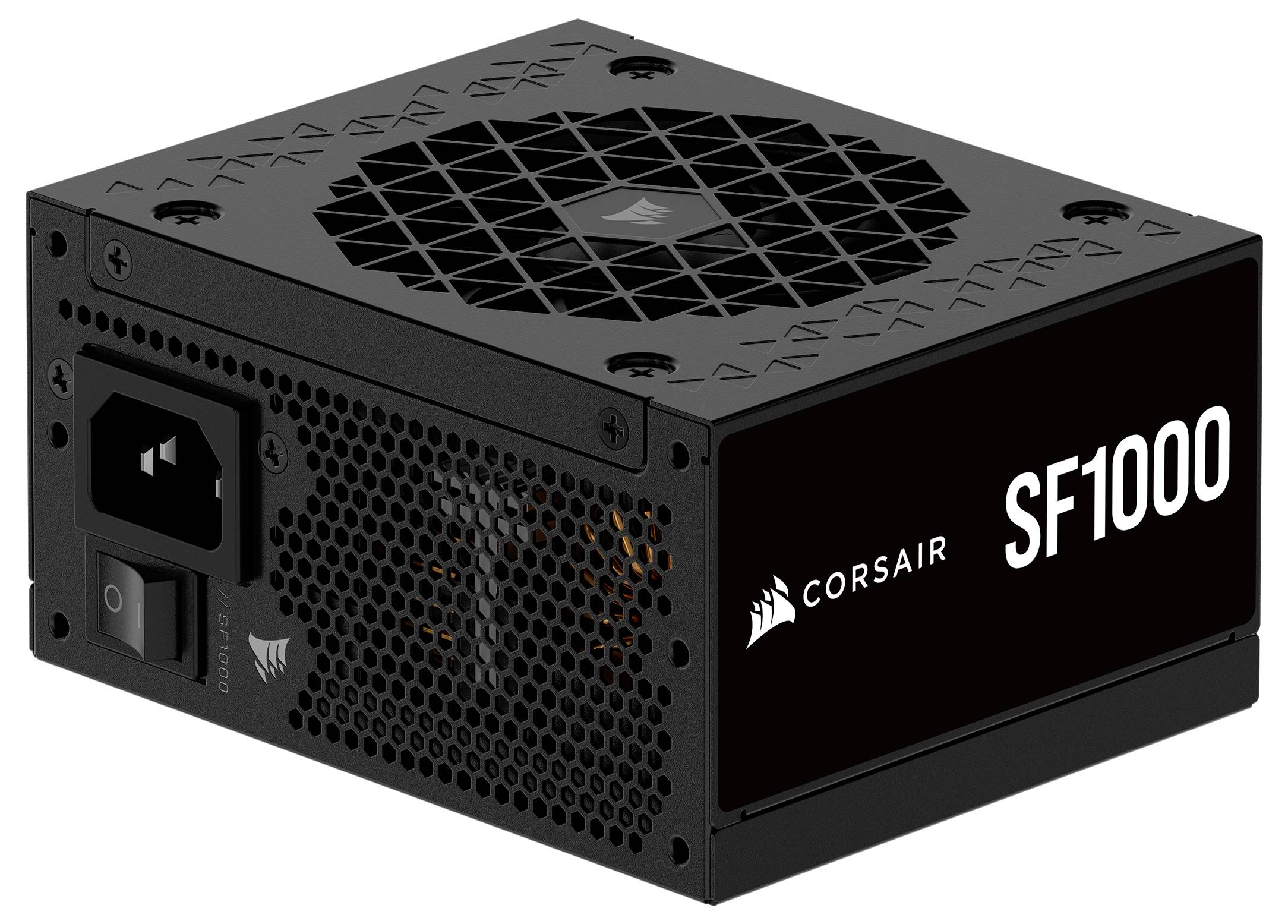 Alimentatore Corsair SF1000, nero, con griglia di ventilazione sulla parte superiore e prese per il cavo di alimentazione e l'interruttore sul lato.