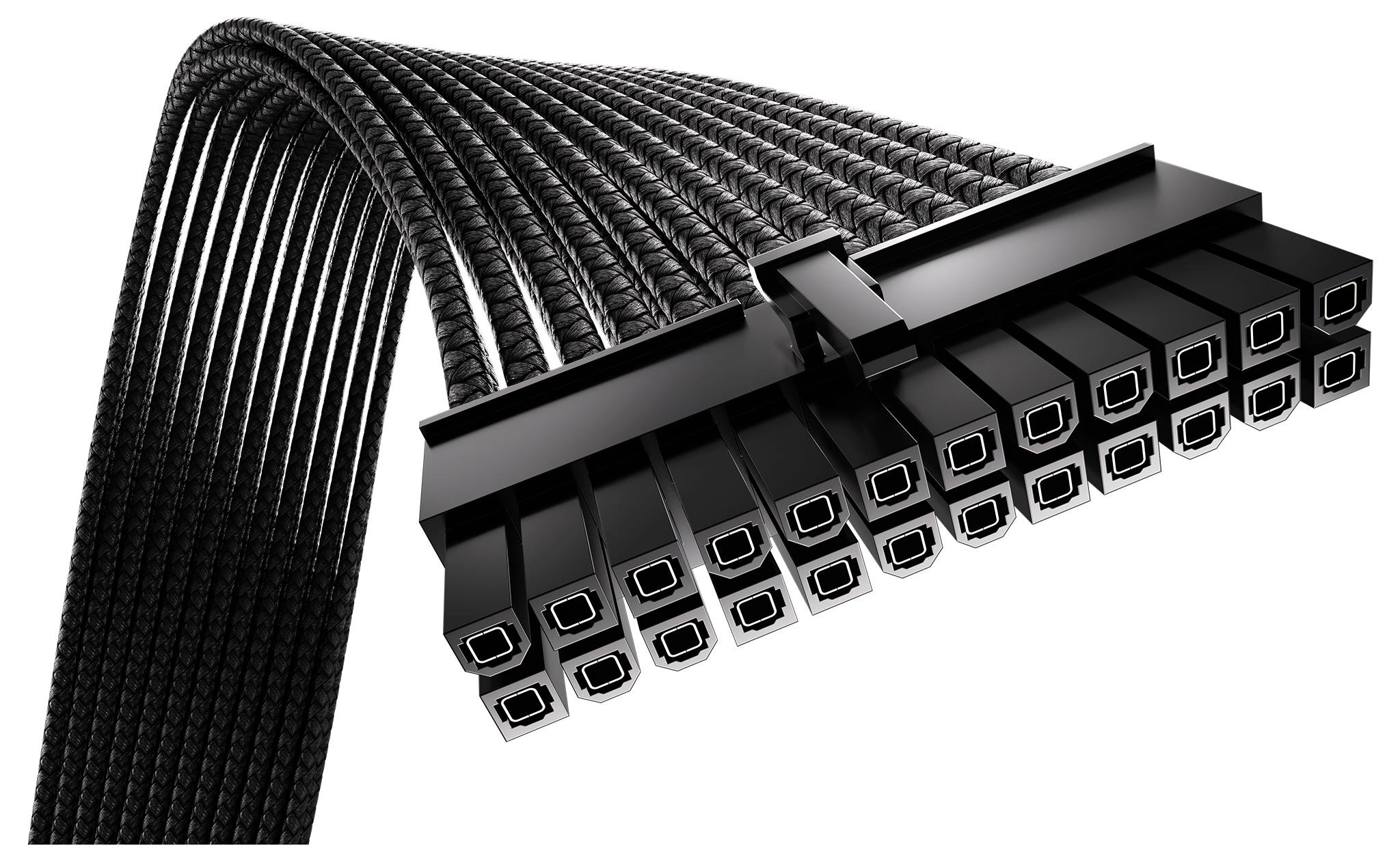 Un'immagine ravvicinata di un cavo di alimentazione per computer nero e intrecciato, con più connettori, mostrato in una configurazione ad arco, che sottolinea la sua flessibilità.