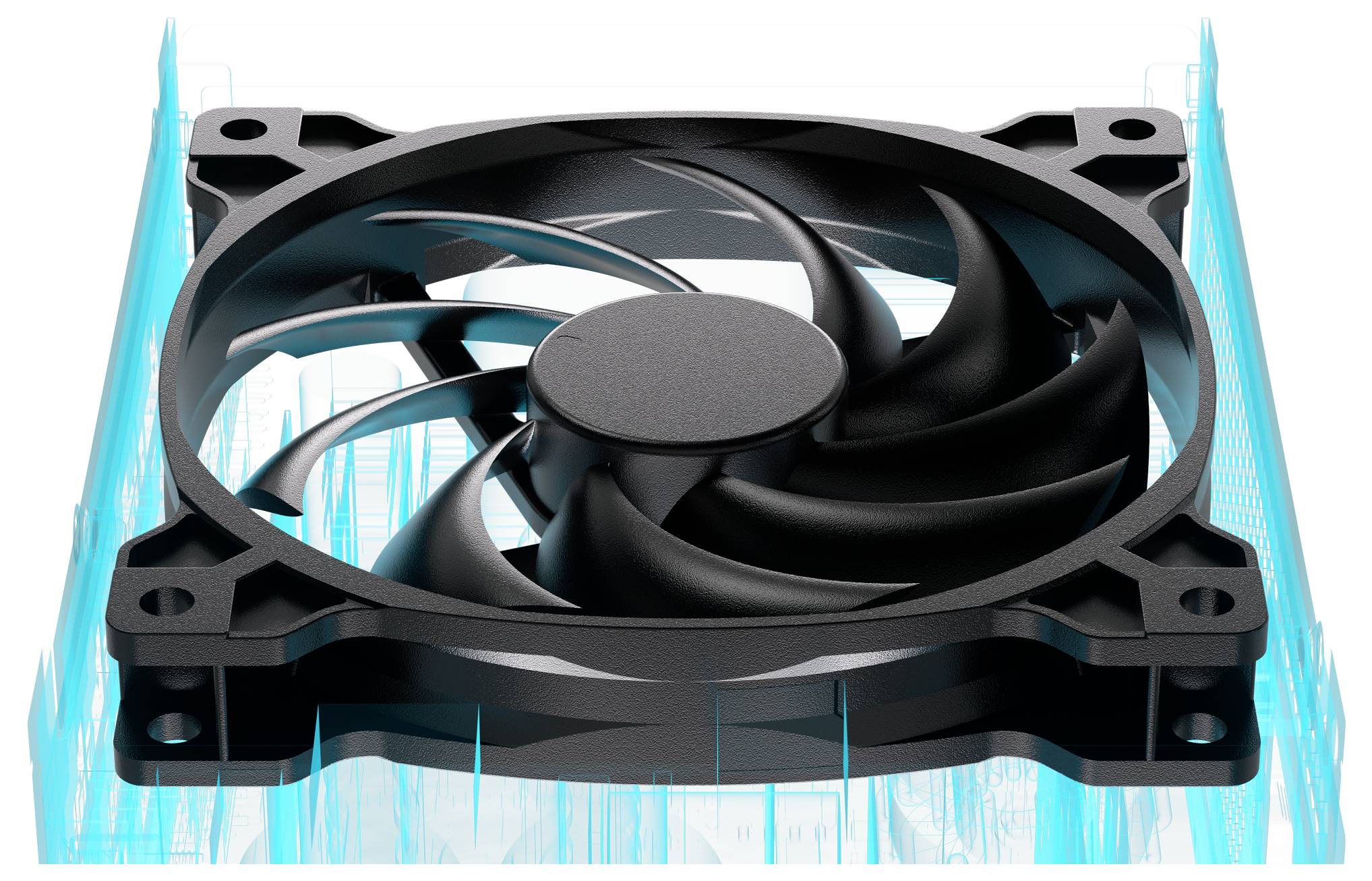 Un ventilatore di raffreddamento per computer con pale nere e cornice quadrata è evidenziato su uno sfondo di flusso di dati blu, che rappresenta la dinamica del flusso d'aria.