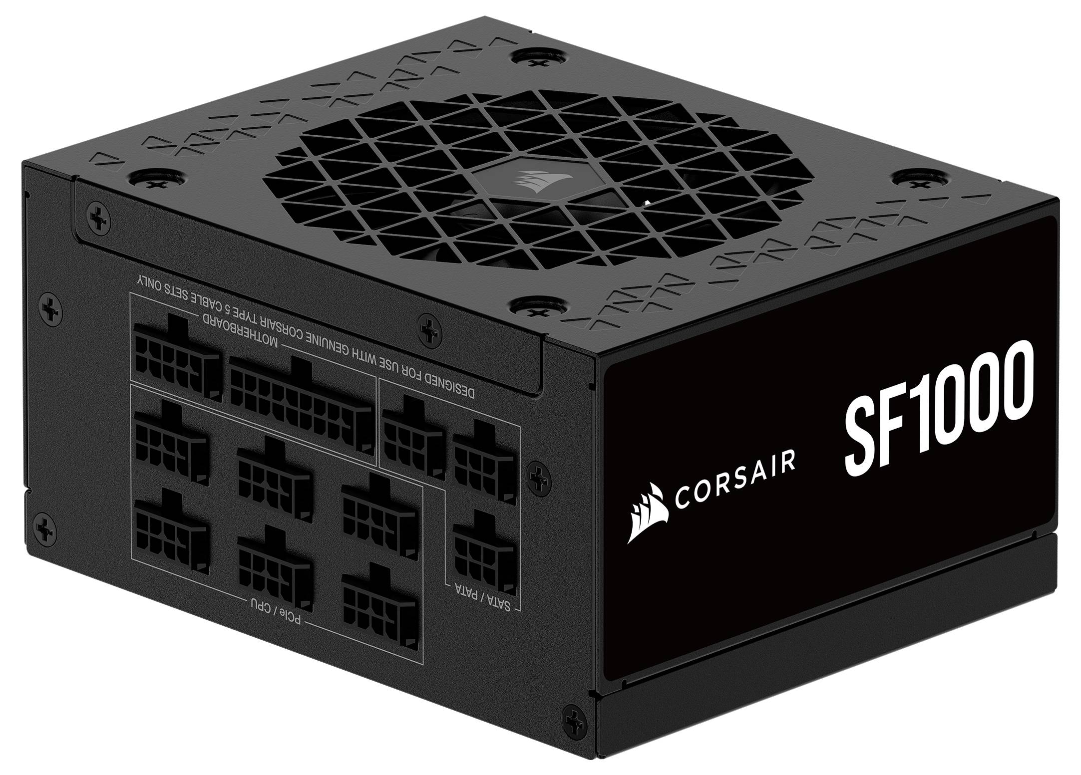 Unità di alimentazione Corsair SF1000, colore nero, con multiple porte di connessione su un lato e ventilazione a nido d'ape sulla parte superiore.