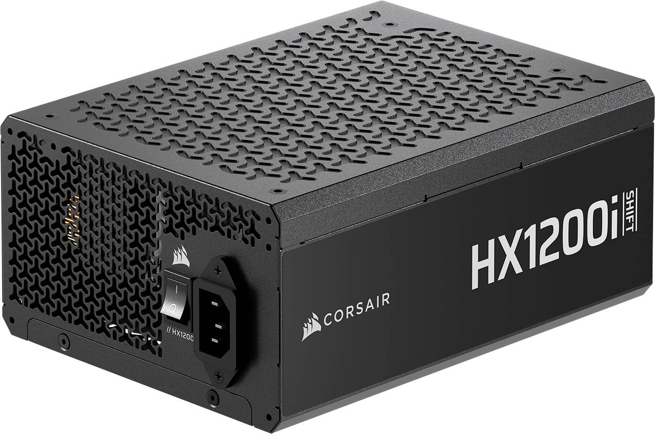 Un'unità di alimentazione Corsair HX1200i di colore nero, con un pattern a nido d'ape per la ventilazione. L'unità include un interruttore di accensione e un socket di ingresso di alimentazione.