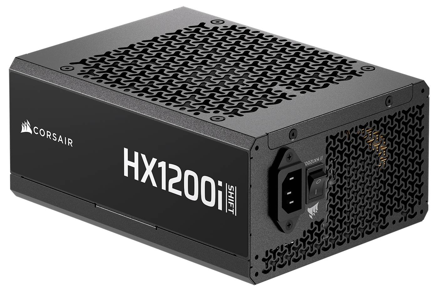 Unità di alimentazione 'Corsair HX1200i', di colore nero, con un design elegante e una griglia di ventilazione, dotata di slot per la spina e interruttore sul retro.
