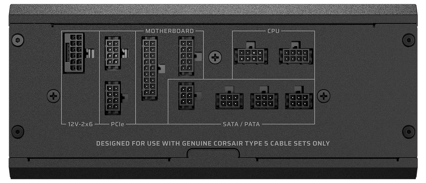 'Pannello posteriore dell'alimentatore Corsair che mostra i connettori per scheda madre, PCIe, CPU e SATA/PATA. Etichettato esclusivamente per cavi originali Corsair di tipo 5.'