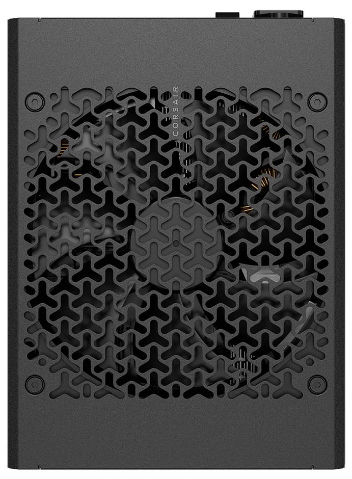 Un alimentatore nero per computer con una griglia a motivi, che mostra parzialmente i componenti interni attraverso il design.