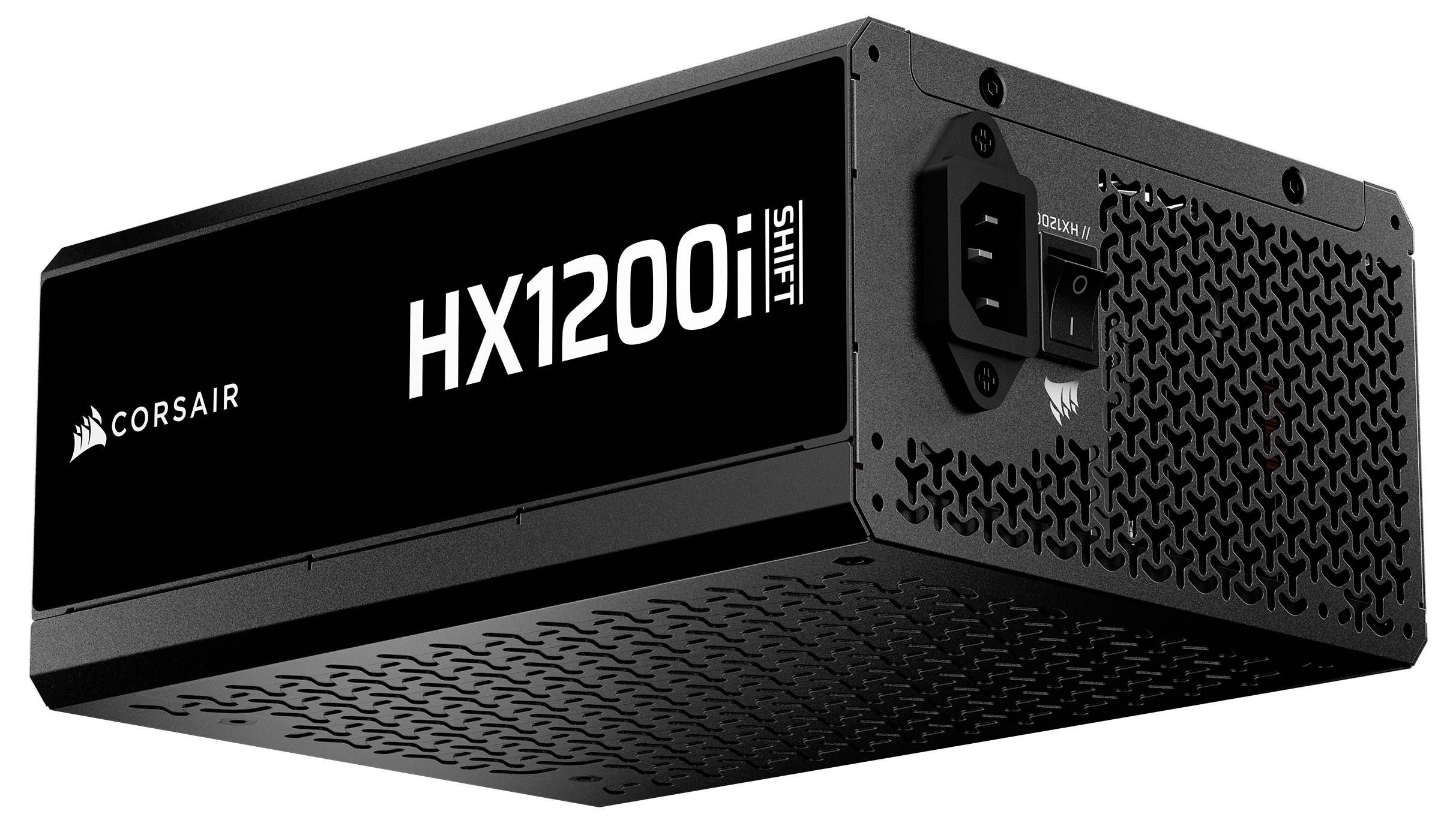 'Alimentatore modulare Corsair HX1200i SHIFT con logo Corsair, interruttore di accensione e etichetta HX1200i su una superficie nera.'